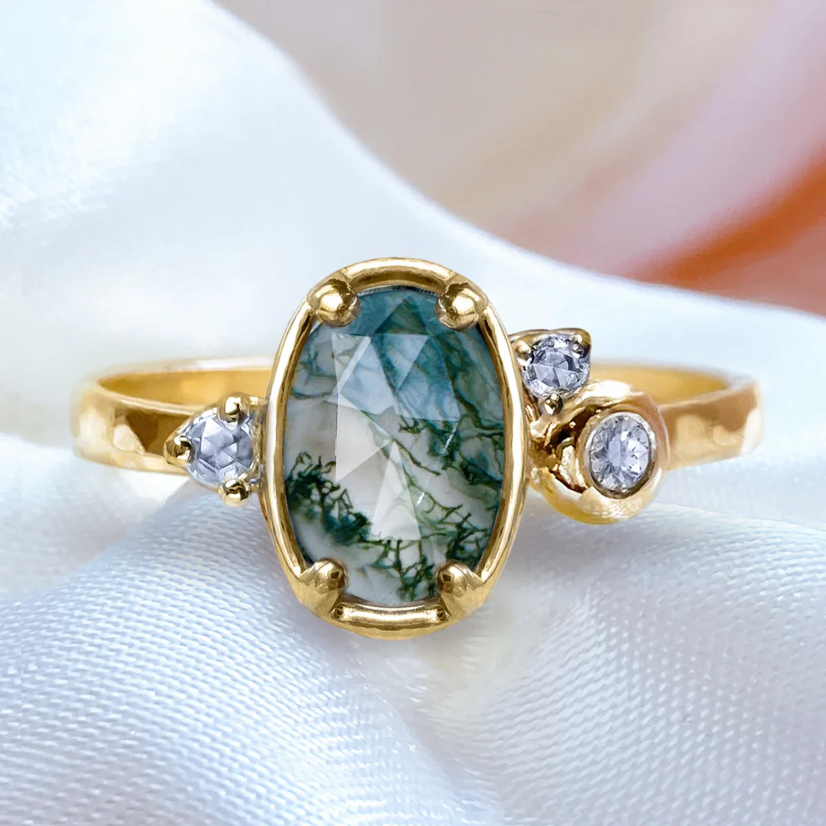 Home 87 Fairytale Moss Agate Diamond Cluster Unique Engagement ring in 9ct / 14ct/ 18ct Gold